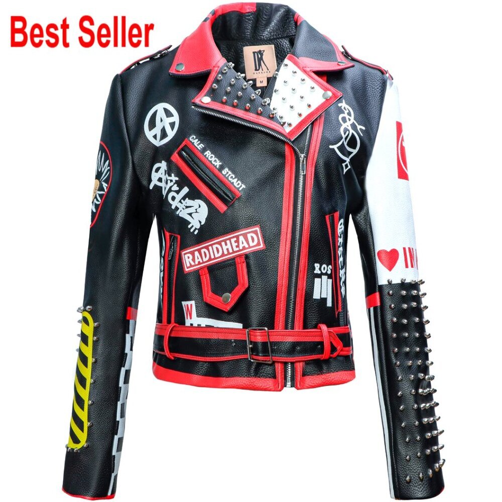 Faux Leather Moto Jacket with Studs, Slim Fit, Water Resistant, Size M